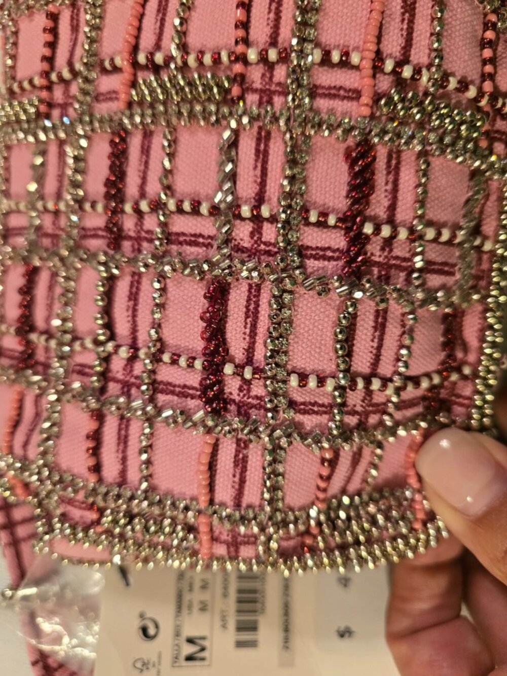 New Zara Pink Plaid Beaded Crossbody Bag With Chain Strap - Picture 12 of 16